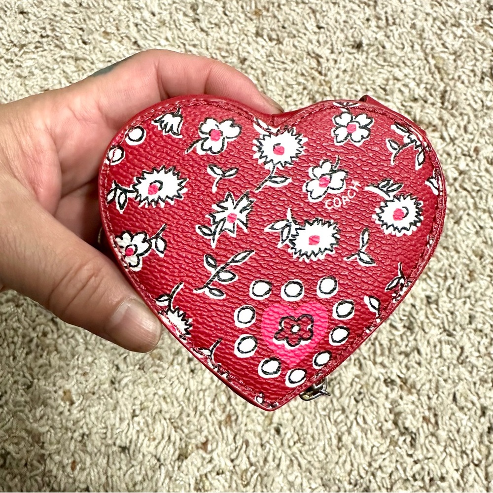 Coach Red floral heart shape coin case